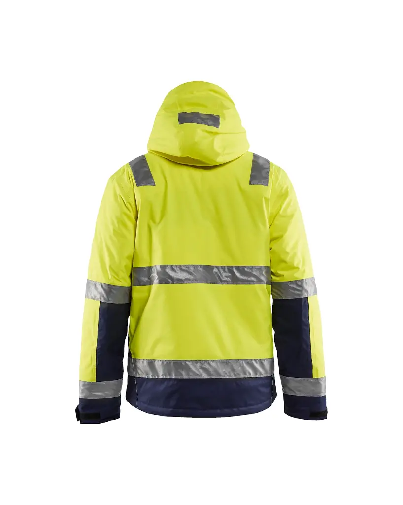 487019873389_Stretch_Hivis_Winterjas_Geel_Marine_Rugzijde Capuchon plat.webp