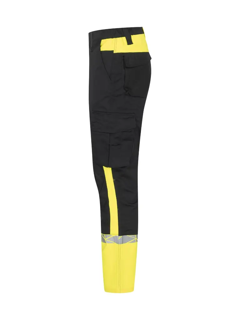 647508-9910_Stretchbroek_met_kniezakken_Zwart_Geel_Linkerzijde.webp